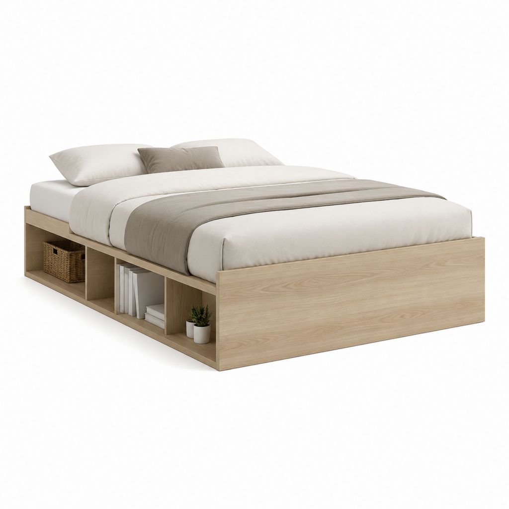 Letto matrimoniale con 6 vani portaoggetti in truciolare melaminico rovere chiaro, piano 160 x 200 cm, dimensioni 206 x 166 x 60 cm