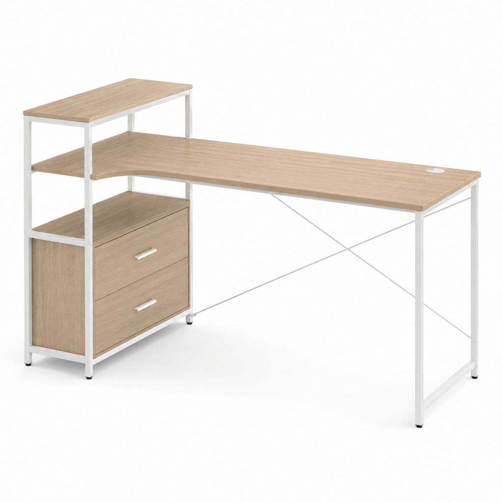 Scrivania rettangolare porta PC in legno e acciaio con scaffale laterale, 2 cassetti e passacavi, rovere chiaro e bianco, 152 x 60 x 120 cm