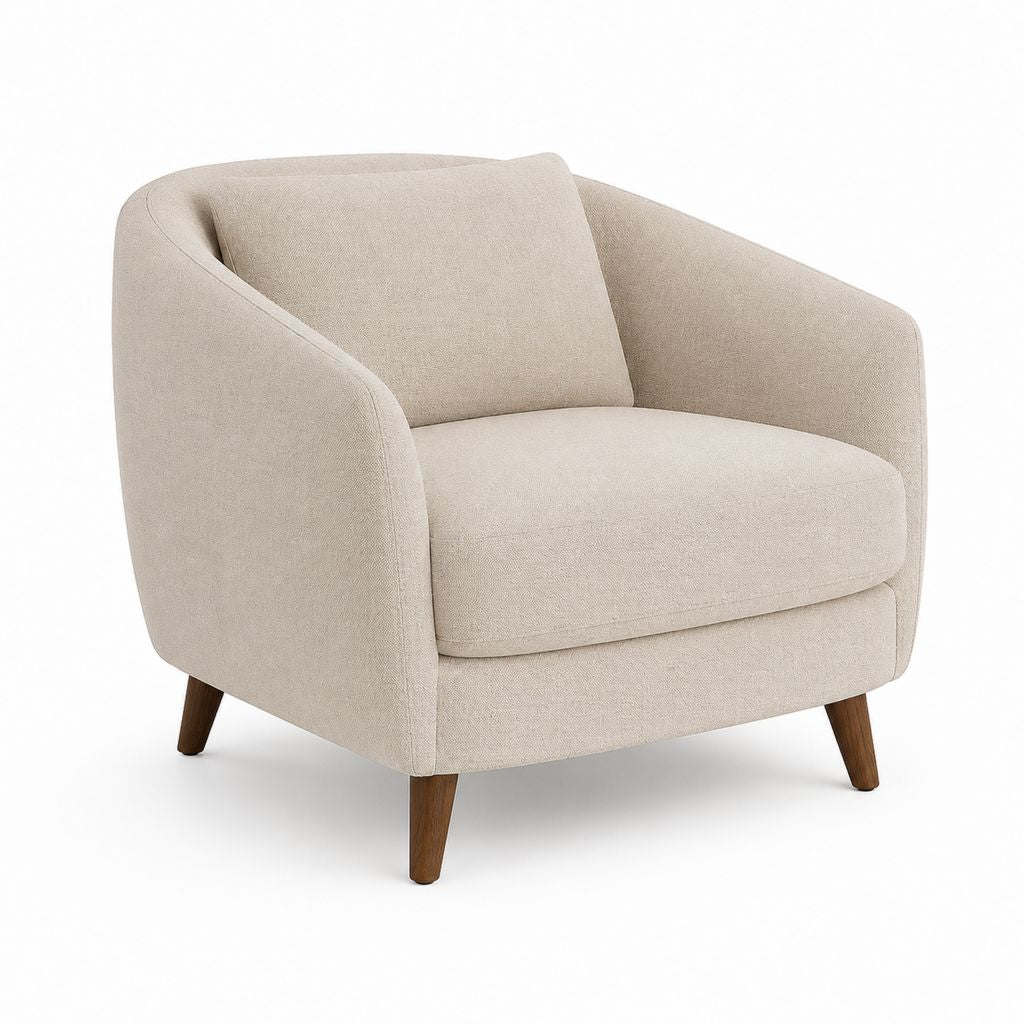 Poltrona imbottita in bouclé di poliestere beige con braccioli arrotondati, 82 × 78 × 76 cm