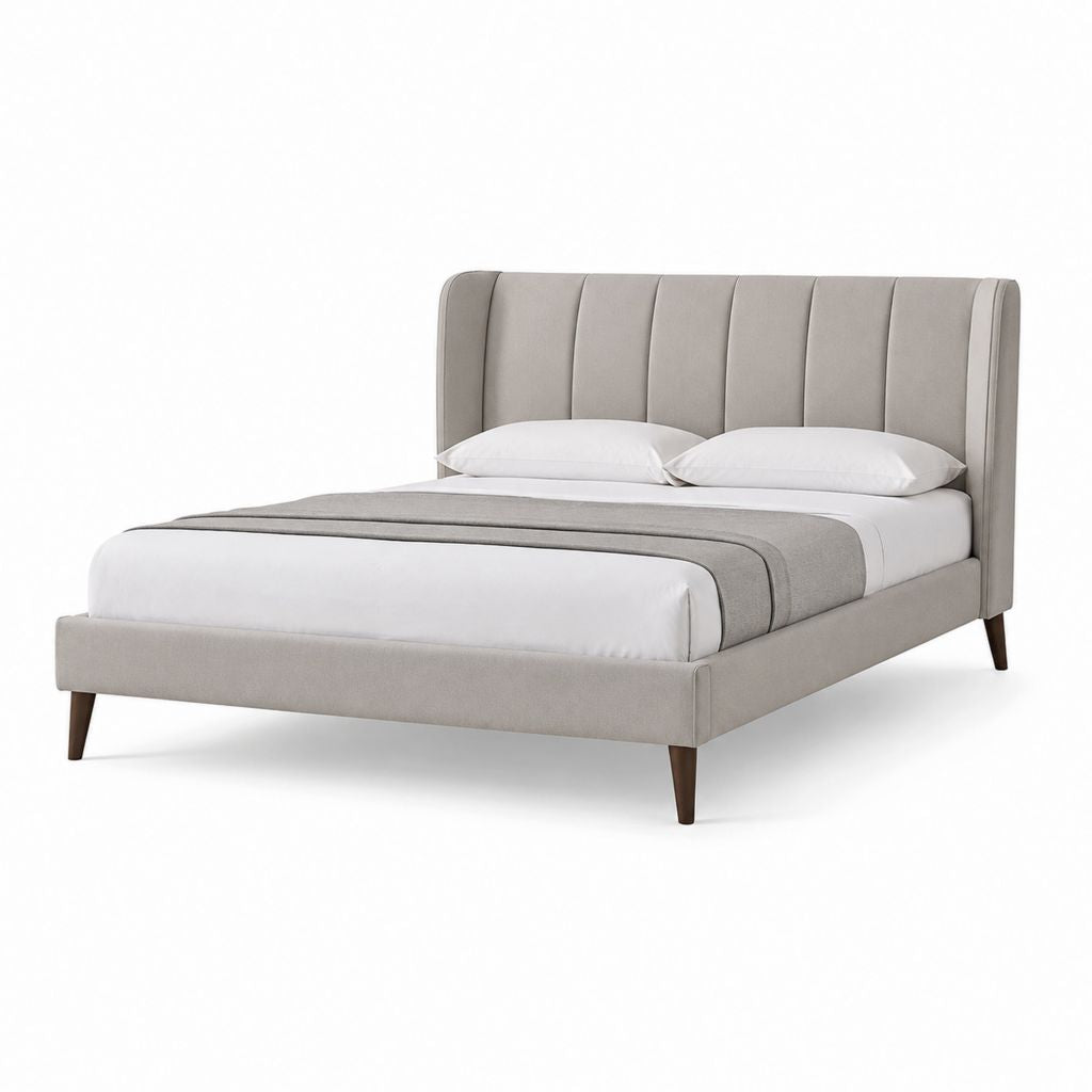 Letto matrimoniale imbottito in tessuto grigio chiaro con rete a doghe in legno, 175 x 218 x 110 cm, per materasso 160 x 200 cm
