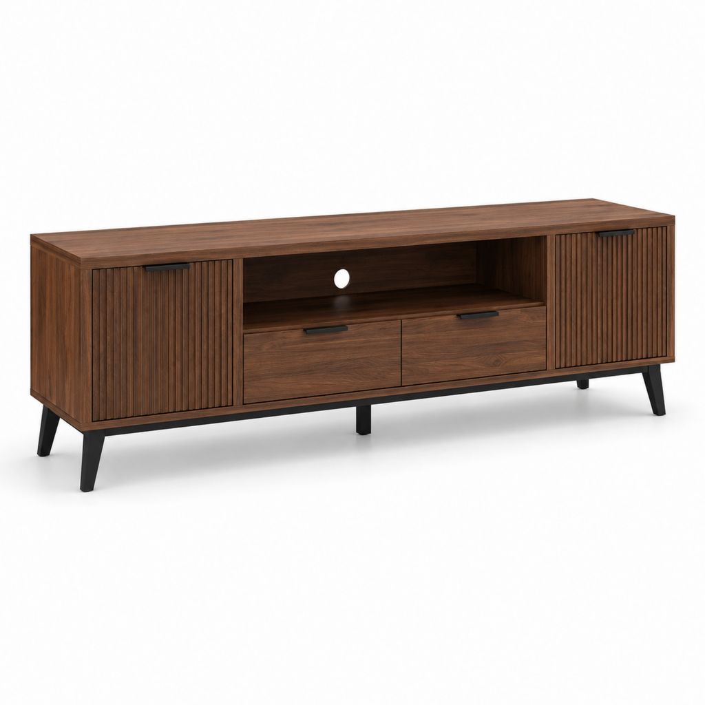 Mobile porta TV 160 × 40 × 60 cm in legno e metallo, marrone noce e nero, con 2 ante, 2 cassetti e vano aperto