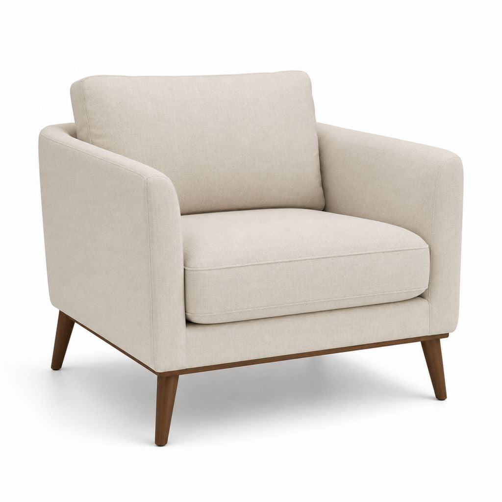 Poltrona imbottita a 1 posto in tessuto beige con gambe in legno, 100 × 88 × 86 cm