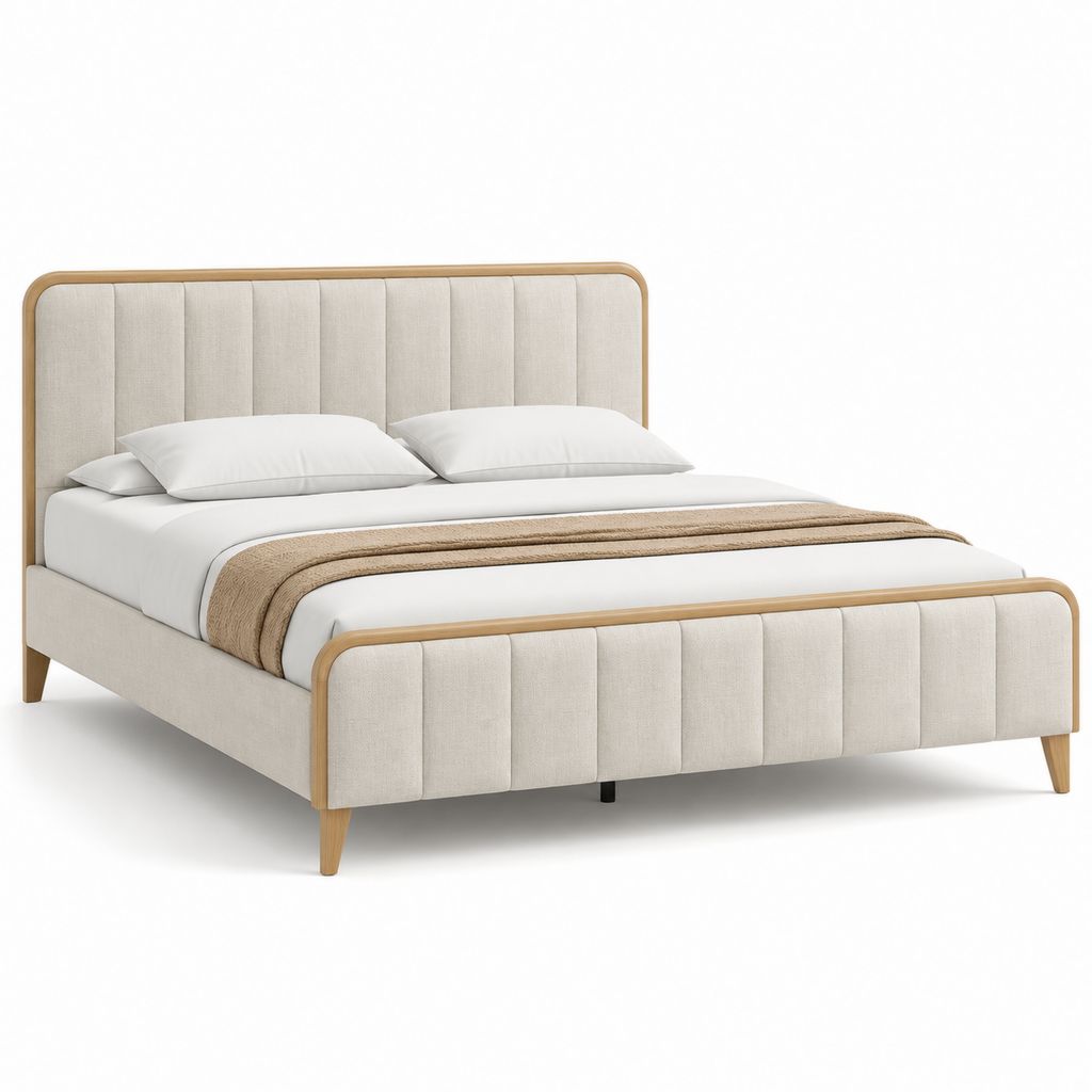 Letto matrimoniale imbottito rettangolare 160 x 200 cm in poliestere beige e legno massello naturale