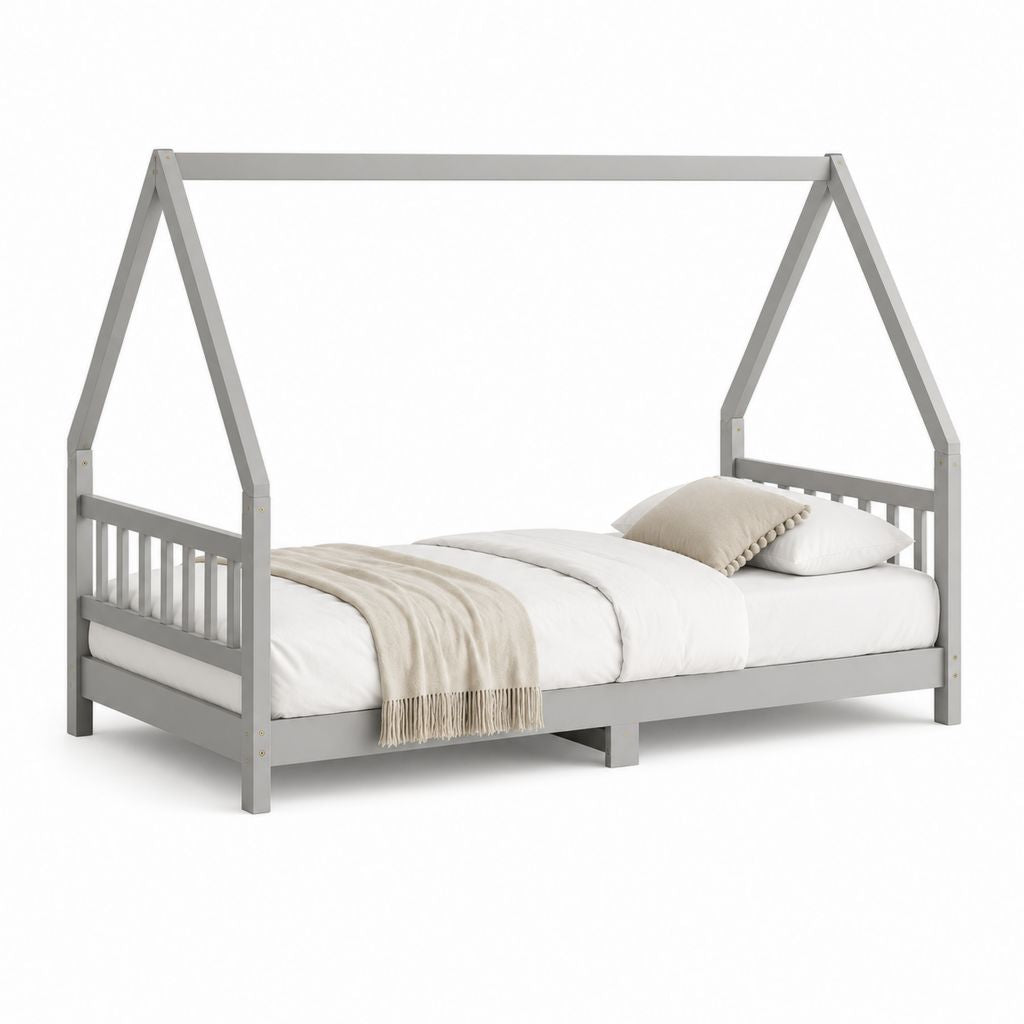 Letto singolo per bambini a casetta in legno grigio 90 x 200 cm con rete a doghe e sponde