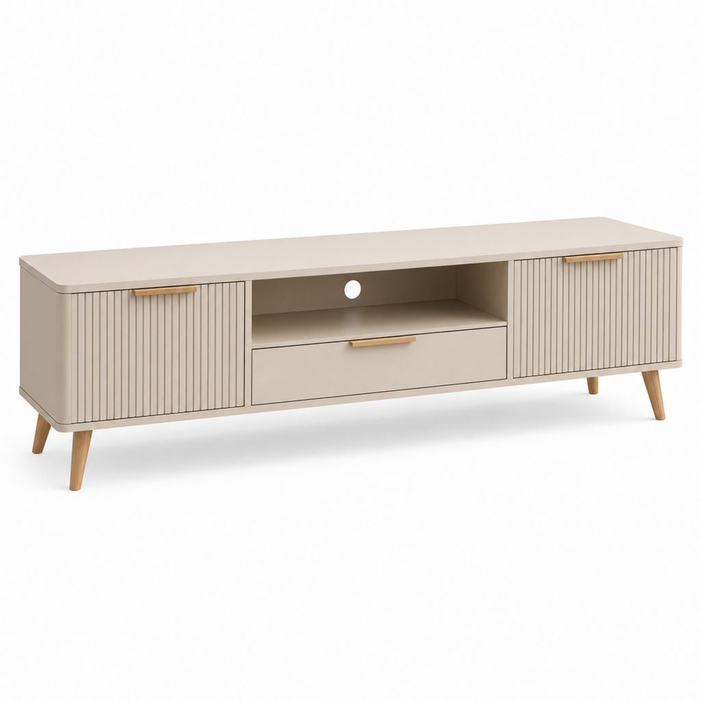 Mobile TV basso in MDF e truciolare melaminico, tortora e rovere naturale, 180 x 40 x 58 cm