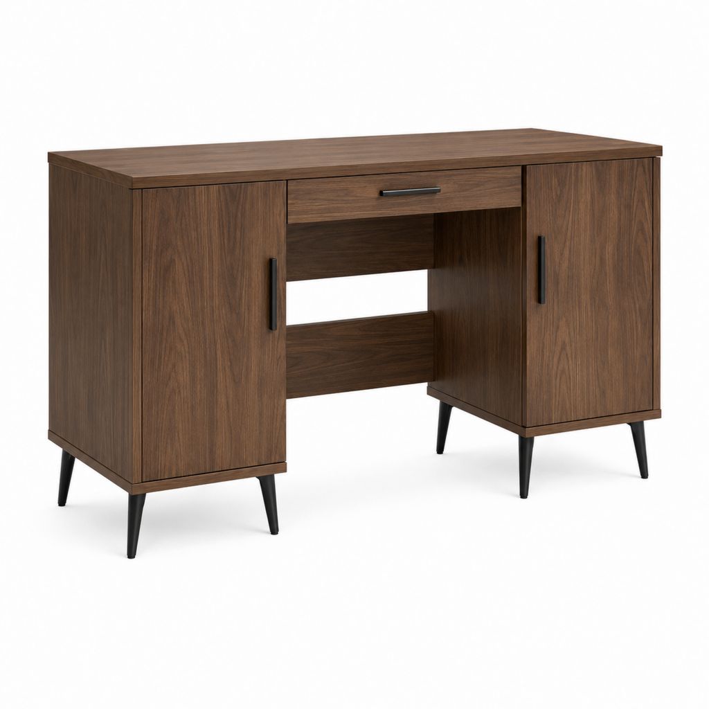 Scrivania rettangolare marrone noce e nera in legno e metallo con cassetto e 2 armadietti, 120 x 50 x 75 cm