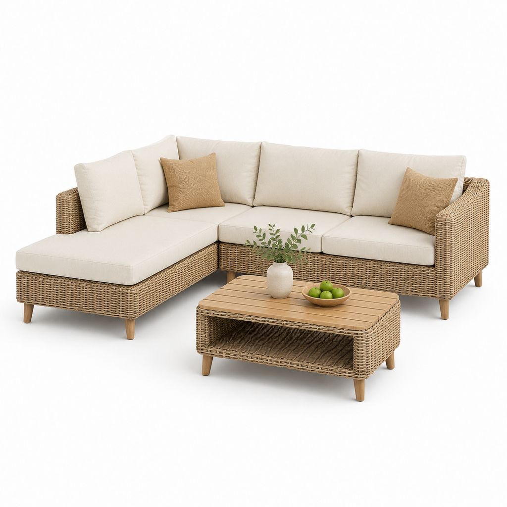 Set da esterno con divano angolare a 4 posti e penisola sinistra 230 x 160 x 78 cm, tavolino 90 x 55 x 42 cm, rattan PE, metallo e legno, beige e crema