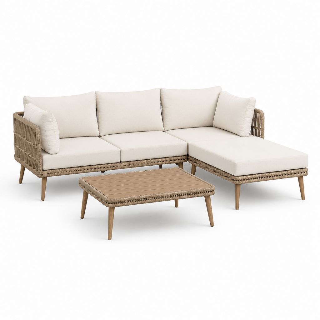 Set da giardino con divano angolare 3 posti, penisola destra e tavolino in rattan PE tortora, cuscini crema, 225 × 150 × 75 cm