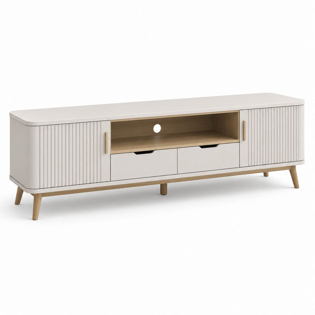 Mobile TV basso in legno con 2 ante scanalate, 2 cassetti e passacavi, bianco caldo e rovere naturale, 180 x 40 x 60 cm