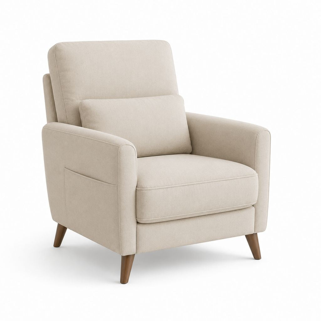 Poltrona imbottita beige in tessuto con braccioli, cuscino lombare e gambe in legno, 84 × 88 × 97 cm