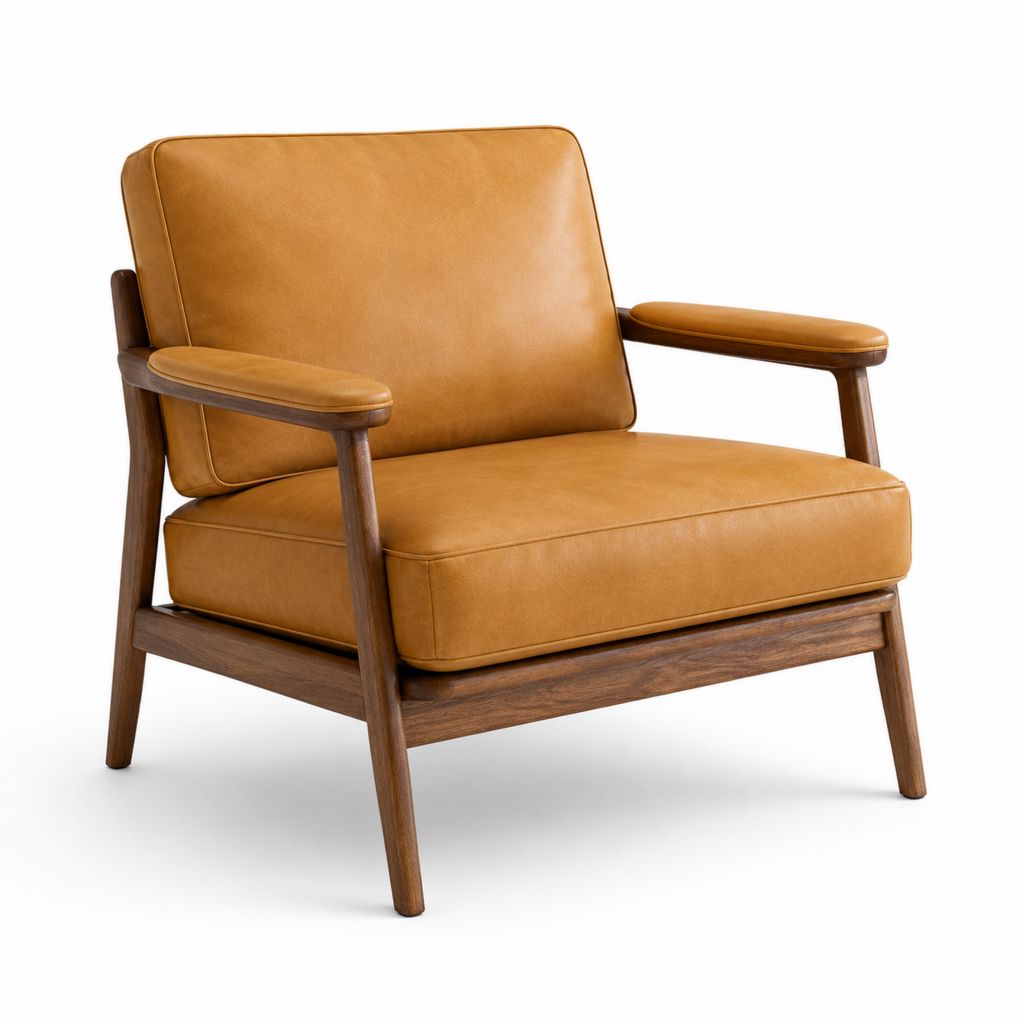 Poltrona da riposo con braccioli in pelle PU e legno massello, cognac e marrone noce, 77 × 82 × 84 cm