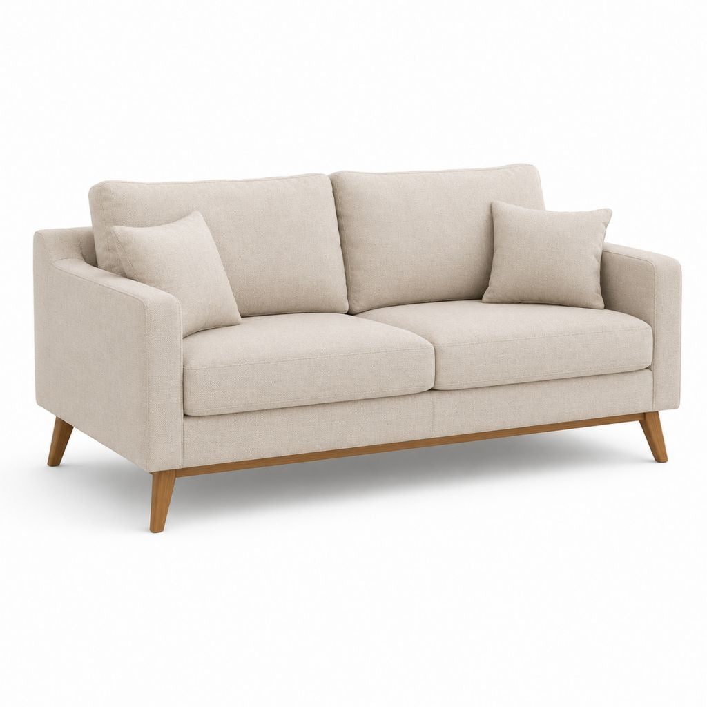 Divano rettangolare a 2 posti in tessuto beige con struttura in legno, 180 x 86 x 88 cm