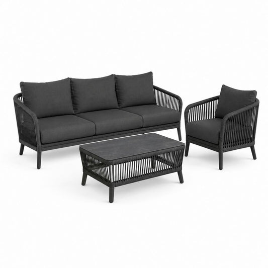 Set salotto da giardino 3 pezzi 4 posti in acciaio e corda PE nero e antracite, divano 190 x 78 x 80 cm, poltrona 76 x 78 x 80 cm e tavolino 110 x 60 x 42 cm
