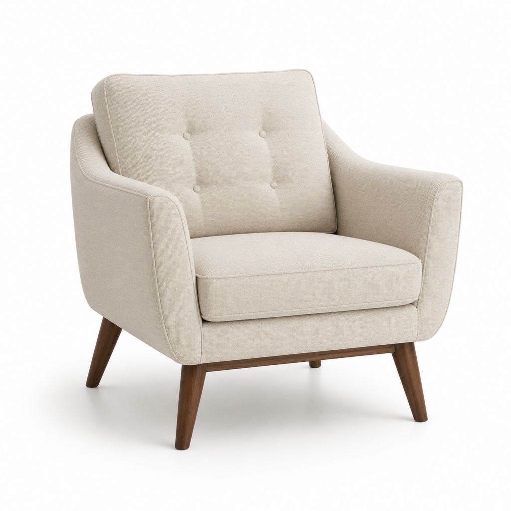 Poltrona imbottita in tessuto beige con braccioli e gambe in legno marrone noce, 82 x 84 x 82 cm