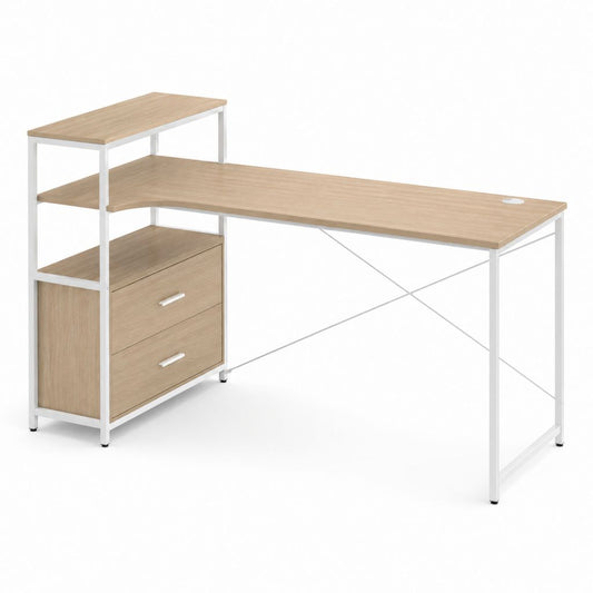 Scrivania rettangolare porta PC in legno e acciaio con scaffale laterale, 2 cassetti e passacavi, rovere chiaro e bianco, 152 x 60 x 120 cm