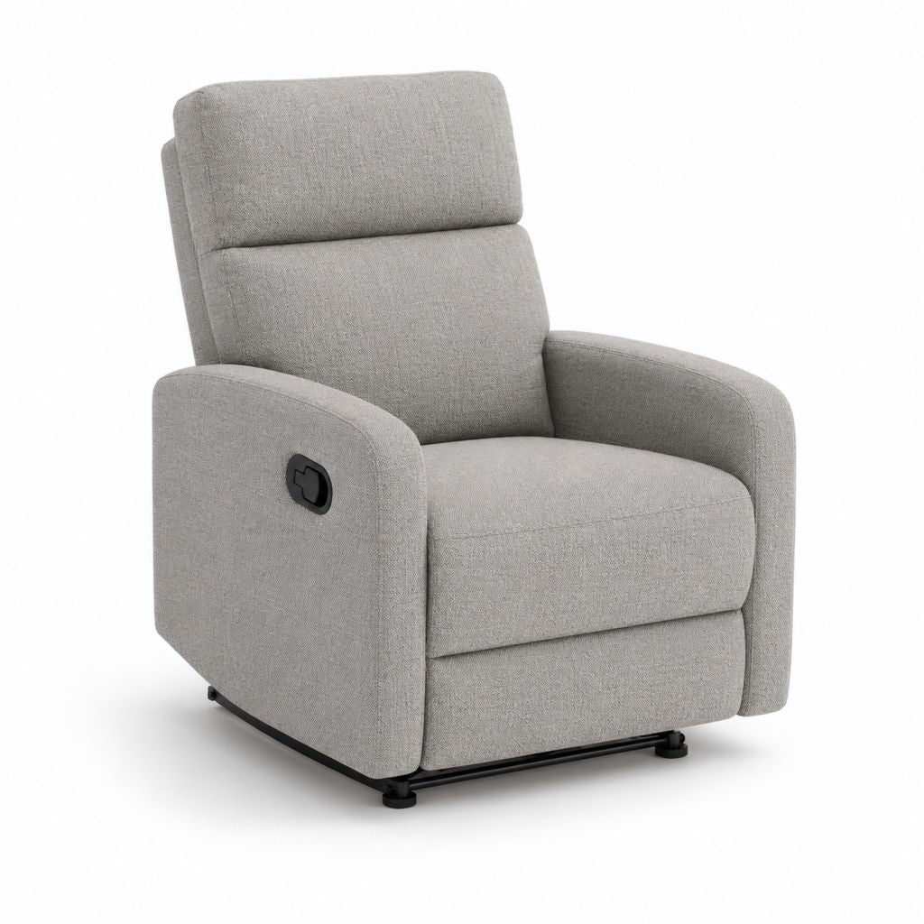 Poltrona reclinabile manuale in poliestere grigio chiaro con poggiapiedi e schienale alto, 87 × 94 × 104 cm