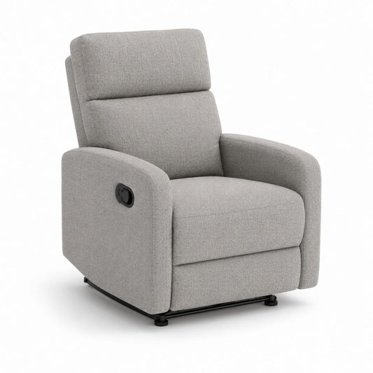 Poltrona reclinabile manuale in poliestere grigio chiaro con poggiapiedi e schienale alto, 87 × 94 × 104 cm