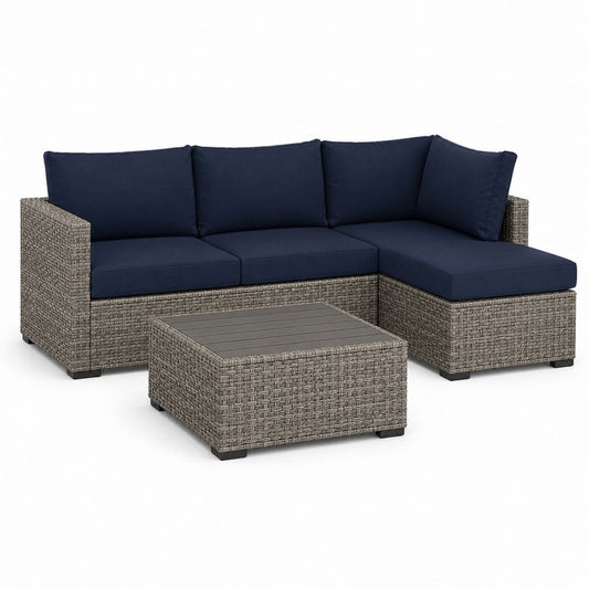 Set divano angolare da giardino 3 pezzi in polyrattan PE con chaise longue destra e tavolino, grigio talpa e blu navy, 228 x 152 x 70 cm