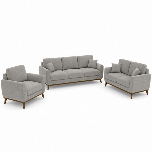 Set di divani 3 pezzi da 1, 2 e 3 posti in poliestere grigio chiaro con gambe in legno massello, 90 x 82 x 84 cm, 150 x 82 x 84 cm e 210 x 82 x 84 cm
