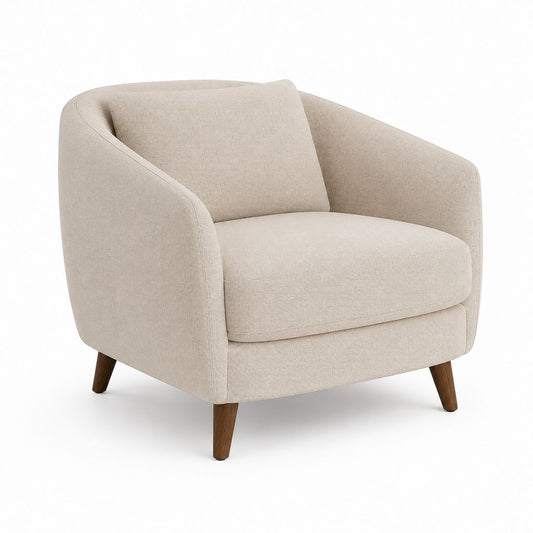 Poltrona imbottita in bouclé di poliestere beige con braccioli arrotondati, 82 × 78 × 76 cm
