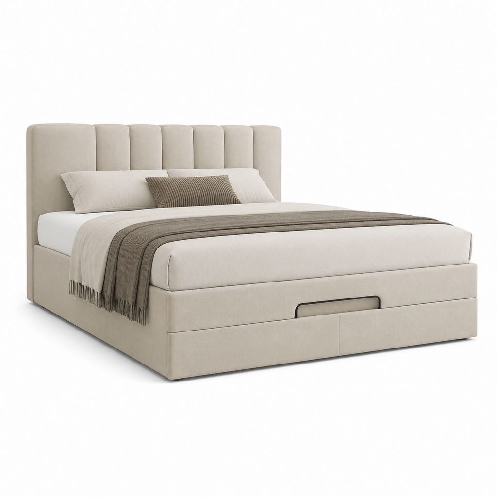 Letto matrimoniale contenitore imbottito in tessuto beige, per materasso 160 x 200 cm, 176 x 215 x 120 cm