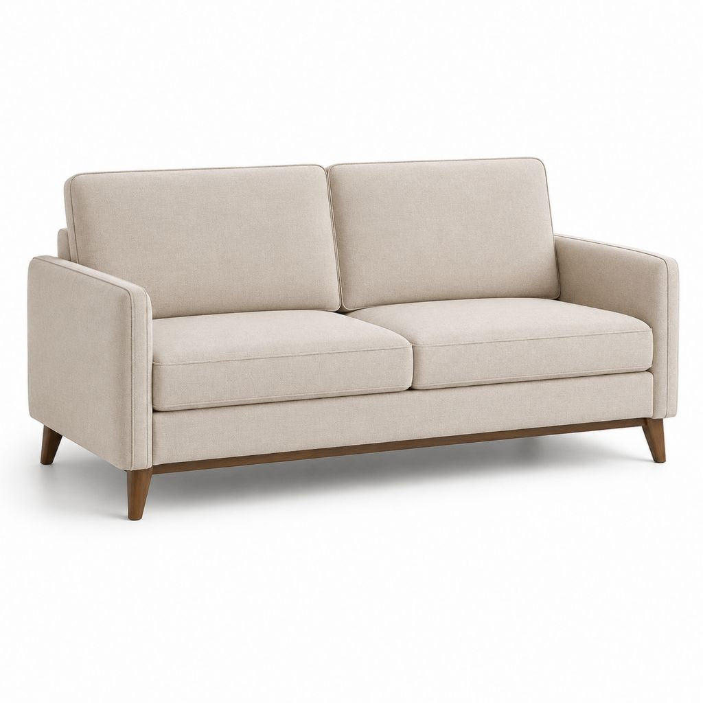 Divano rettangolare a 2 posti in tessuto beige con gambe in legno marrone, 170 x 84 x 85 cm