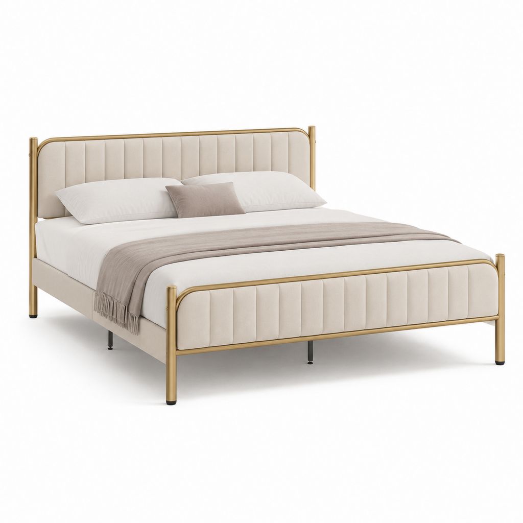 Letto matrimoniale imbottito 160 x 200 cm in velluto e metallo, beige e oro, 168 x 212 x 110 cm