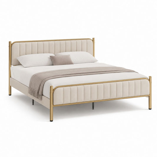 Letto matrimoniale imbottito 160 x 200 cm in velluto e metallo, beige e oro, 168 x 212 x 110 cm