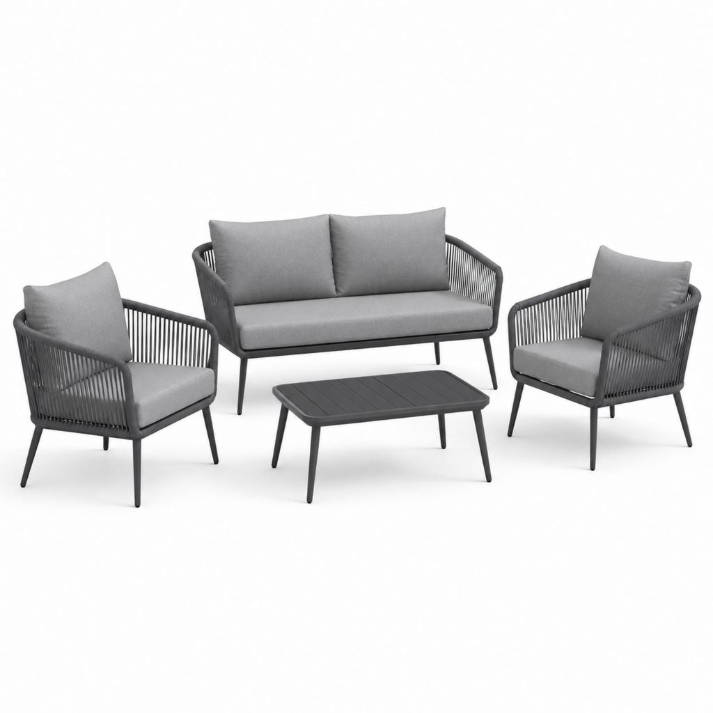 Set salotto da giardino 4 pezzi grigio in acciaio e corda, divano 135 × 72 × 76 cm, poltrone 68 × 72 × 76 cm e tavolino 90 × 50 × 40 cm
