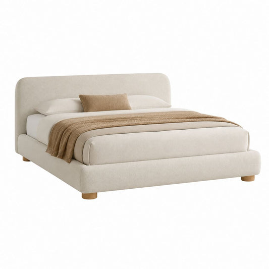 Letto matrimoniale imbottito in tessuto bouclé avorio con piedini color rovere naturale, materasso 160 x 200 cm, dimensioni 184 x 220 x 105 cm