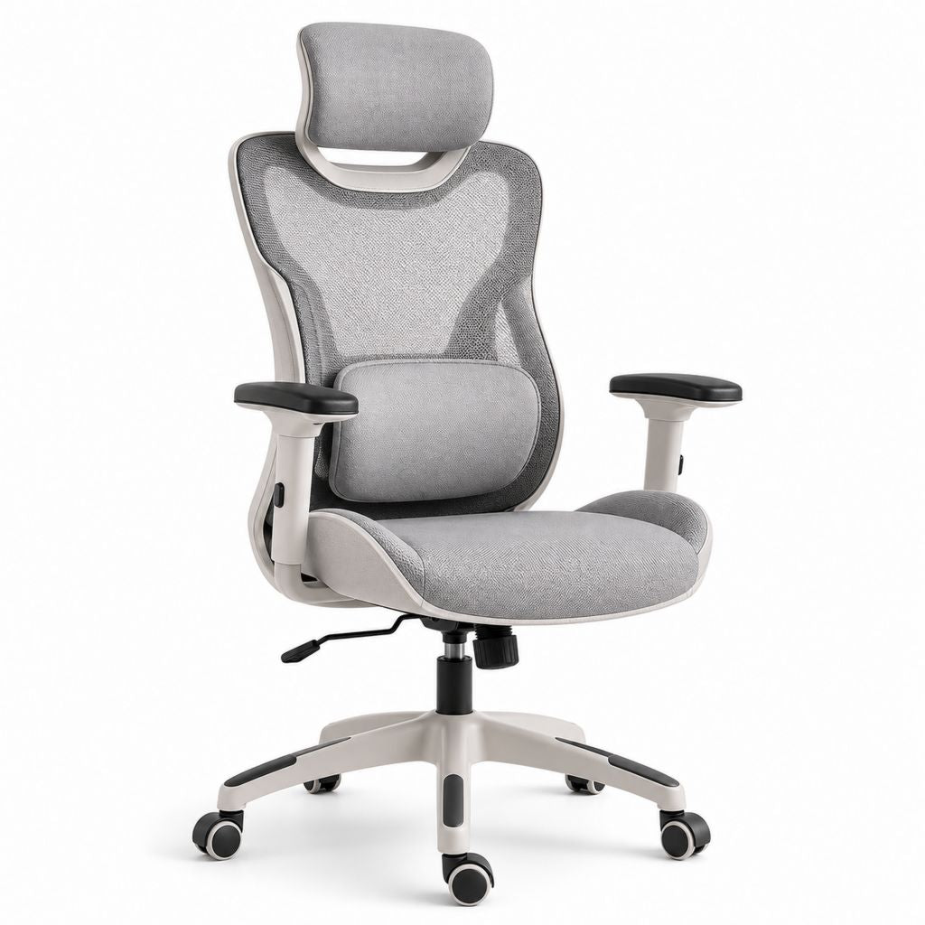 Sedia da ufficio ergonomica girevole in rete e tessuto grigio chiaro con schienale alto, poggiatesta, supporto lombare e braccioli regolabili, 68 x 68 x 116-126 cm
