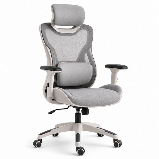Sedia da ufficio ergonomica girevole in rete e tessuto grigio chiaro con schienale alto, poggiatesta, supporto lombare e braccioli regolabili, 68 x 68 x 116-126 cm