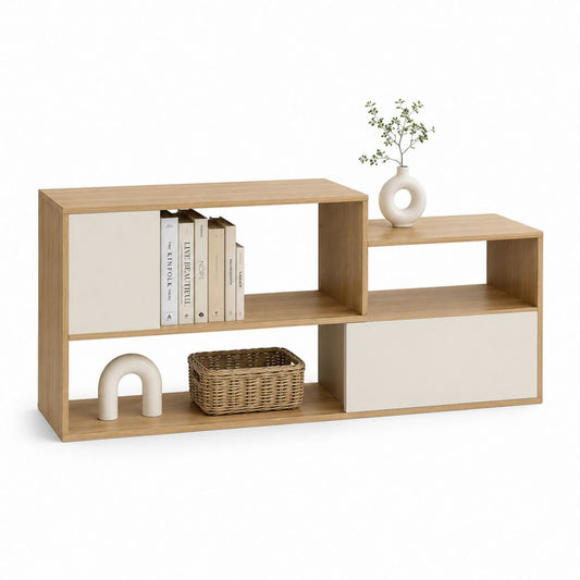 Mobile porta TV rettangolare a gradini in legno, rovere chiaro e bianco, 160 x 30 x 80 cm