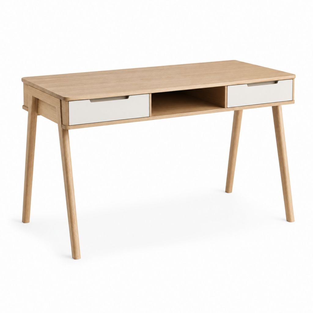 Scrivania rettangolare con 2 cassetti e vano aperto in MDF impiallacciato, rovere naturale e bianco, 120 x 55 x 76 cm