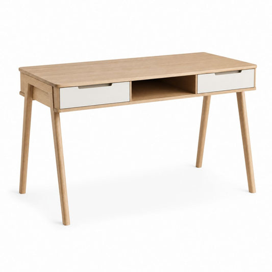 Scrivania rettangolare con 2 cassetti e vano aperto in MDF impiallacciato, rovere naturale e bianco, 120 x 55 x 76 cm