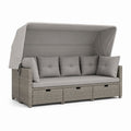 Divano da esterno a 3 posti con tettuccio regolabile e 3 cassetti in polyrattan PE grigio tortora, 218 x 82 x 178 cm