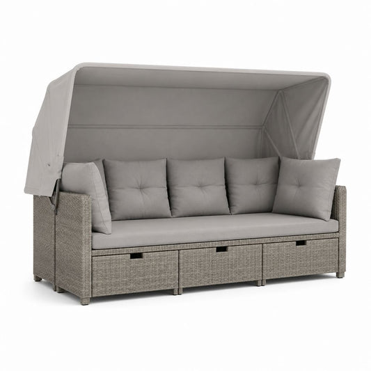 Divano da esterno a 3 posti con tettuccio regolabile e 3 cassetti in polyrattan PE grigio tortora, 218 x 82 x 178 cm