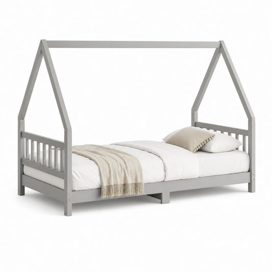 Letto singolo per bambini a casetta in legno grigio 90 x 200 cm con rete a doghe e sponde