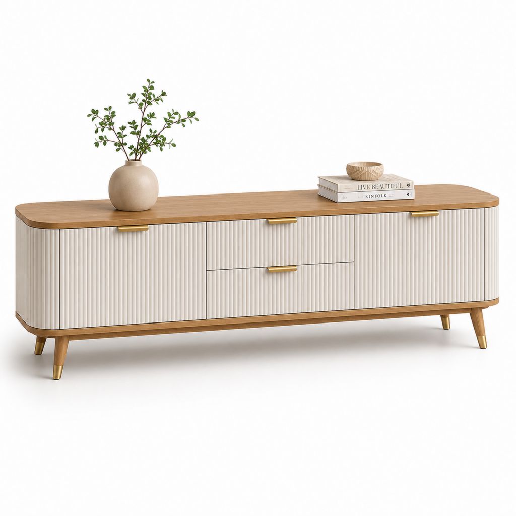 Mobile TV basso in MDF con ante scanalate, bianco, rovere naturale e oro, 180 x 40 x 60 cm