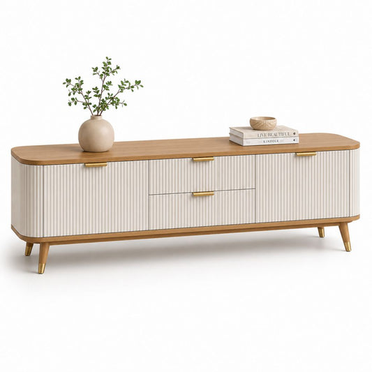 Mobile TV basso in MDF con ante scanalate, bianco, rovere naturale e oro, 180 x 40 x 60 cm
