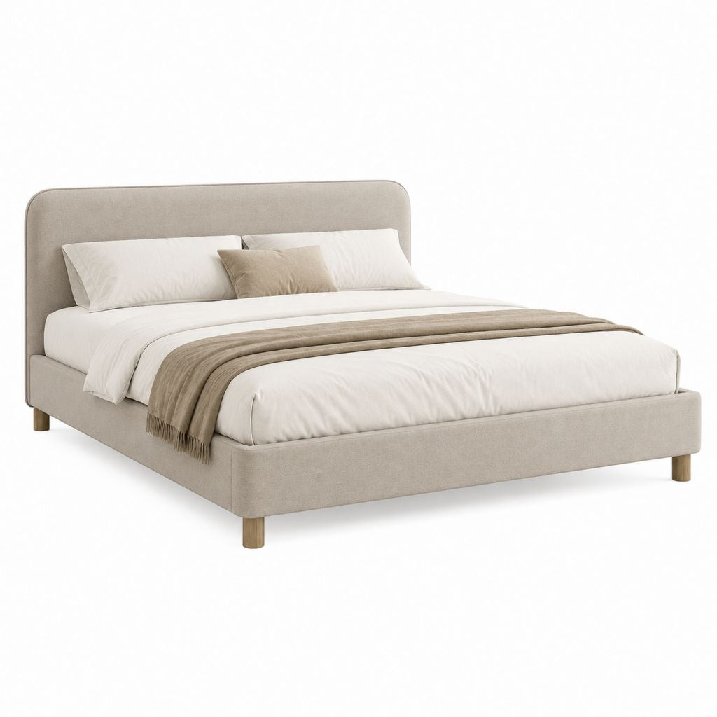 Letto matrimoniale imbottito 160 × 200 cm in poliestere beige con testiera rettangolare e gambe in pino massello