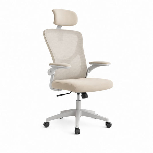 Sedia girevole in rete e tessuto beige con poggiatesta, braccioli ribaltabili e altezza regolabile, 64 x 64 x 113-123 cm