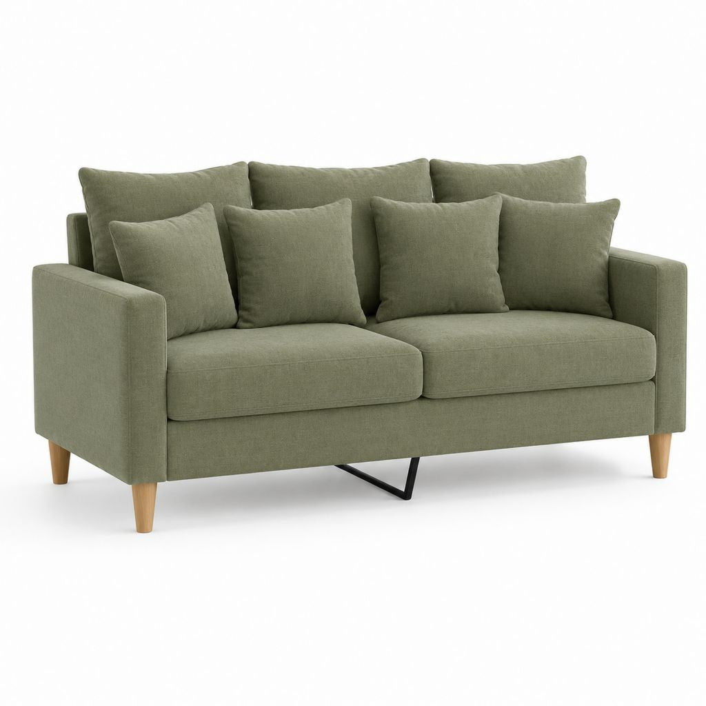 Divano 2 posti in tessuto verde salvia con 7 cuscini e gambe in legno, 180 × 85 × 86 cm