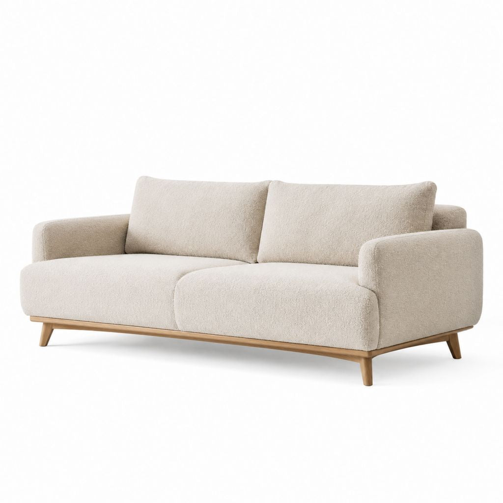Divano 3 posti in tessuto bouclé beige chiaro con base in legno, 220 × 95 × 85 cm