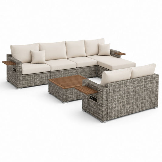 Salotto da giardino a 6 posti in polyrattan grigio con cuscini beige e tavolino, 245 x 180 x 72 cm