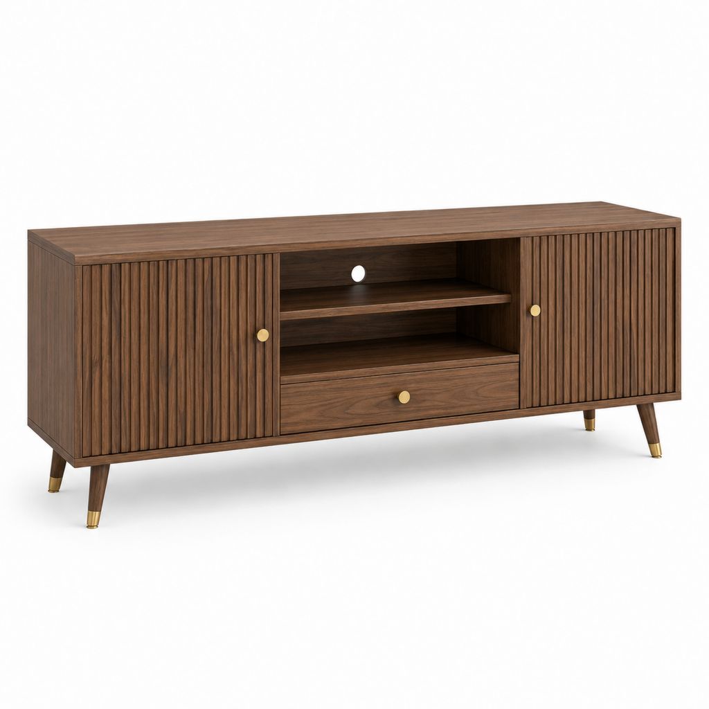 Mobile TV basso rettangolare in MDF impiallacciato noce marrone 160 x 40 x 70 cm con 2 ante, 2 ripiani e 1 cassetto