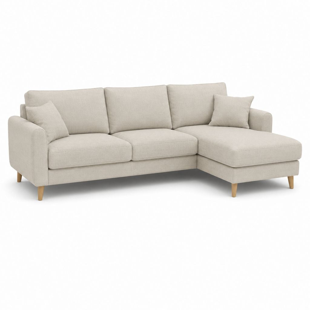 Divano angolare 3 posti in tessuto beige chiaro con chaise longue destra, 226 × 150 × 86 cm