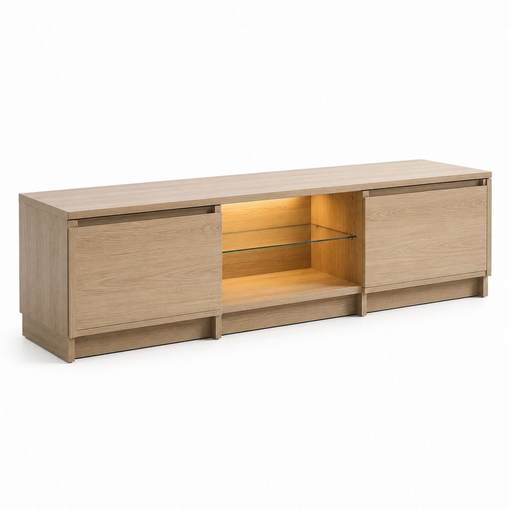 Mobile TV basso in MDF impiallacciato rovere con 2 ante, ripiano in vetro e illuminazione LED, rovere naturale, 180 × 40 × 60 cm