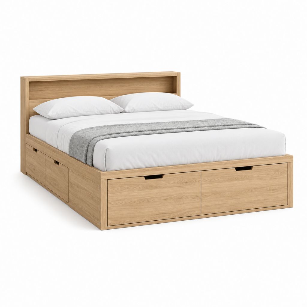 Letto matrimoniale contenitore 160 x 200 cm in pannello truciolare effetto rovere naturale con testiera, rete e 4 cassetti
