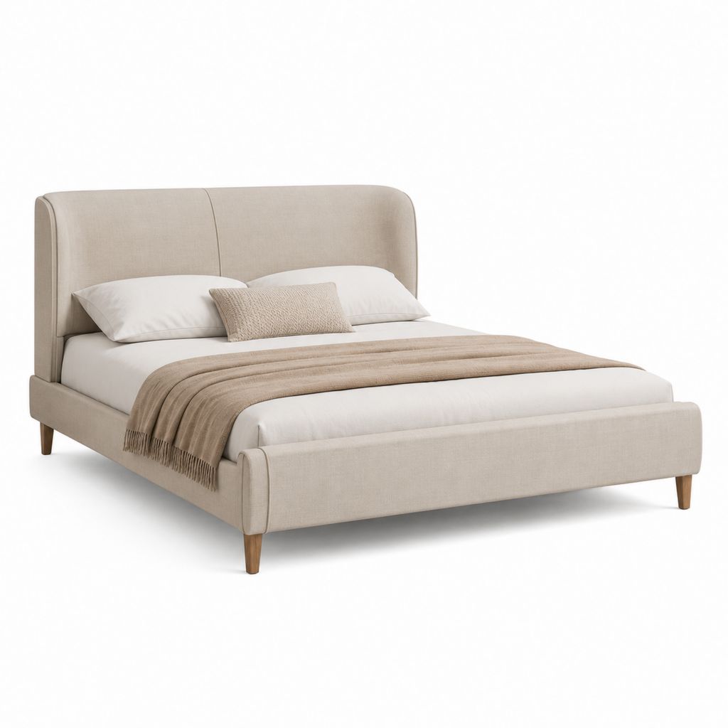 Letto matrimoniale imbottito in tessuto beige con gambe in legno marrone e rete a doghe, 160 x 200 cm